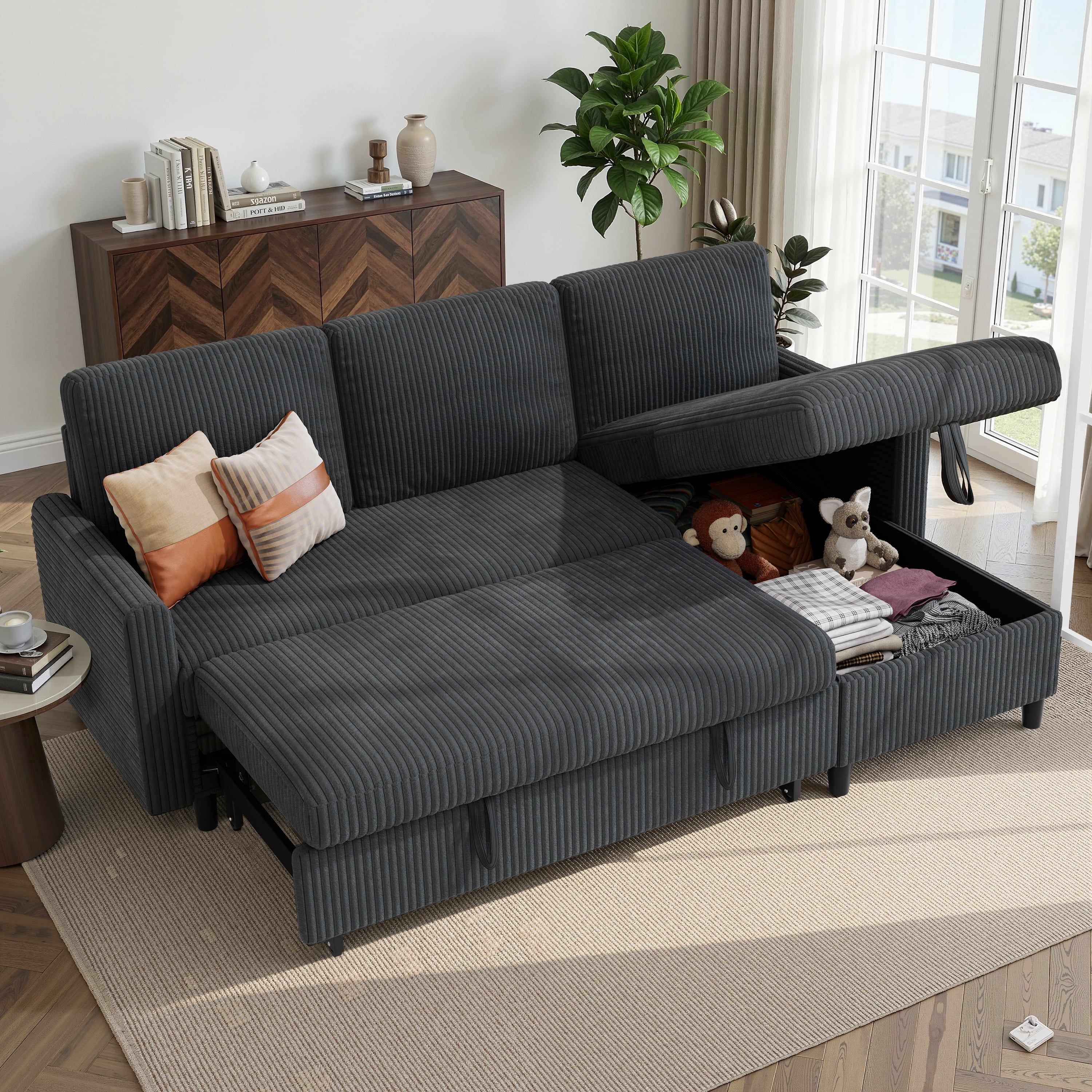 Walsunny Pull Out Sectional Sleeper Sofa Bed L Shape Couches with Reversible Storage Chaise for Living Rooms Small Rooms Apartment,Dark Gray