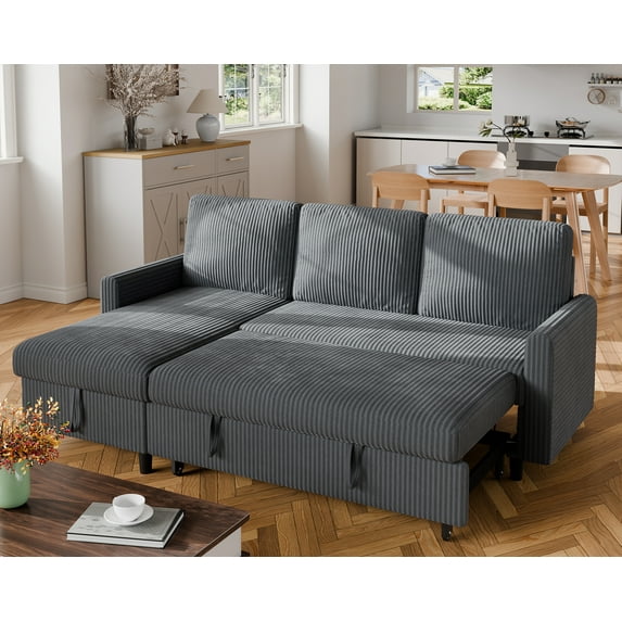 Walsunny Pull Out Sectional Sleeper Sofa Bed L Shape Couches with Reversible Storage Chaise for Living Rooms Small Rooms Apartment,Dark Gray