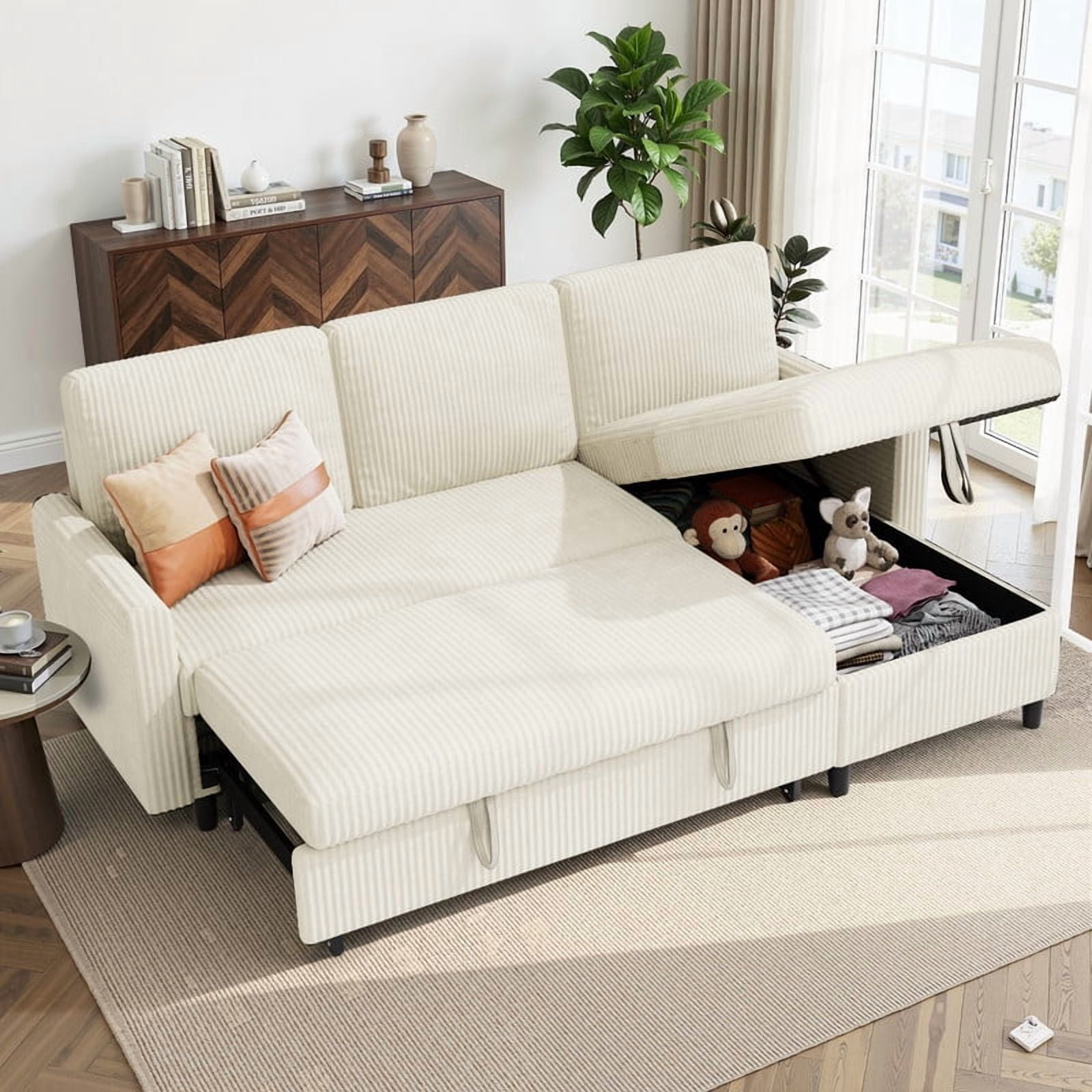 Walsunny Pull Out Sectional Sleeper Sofa Bed L Shape Couches with Reversible Storage Chaise for Living Rooms Small Rooms Apartment,White
