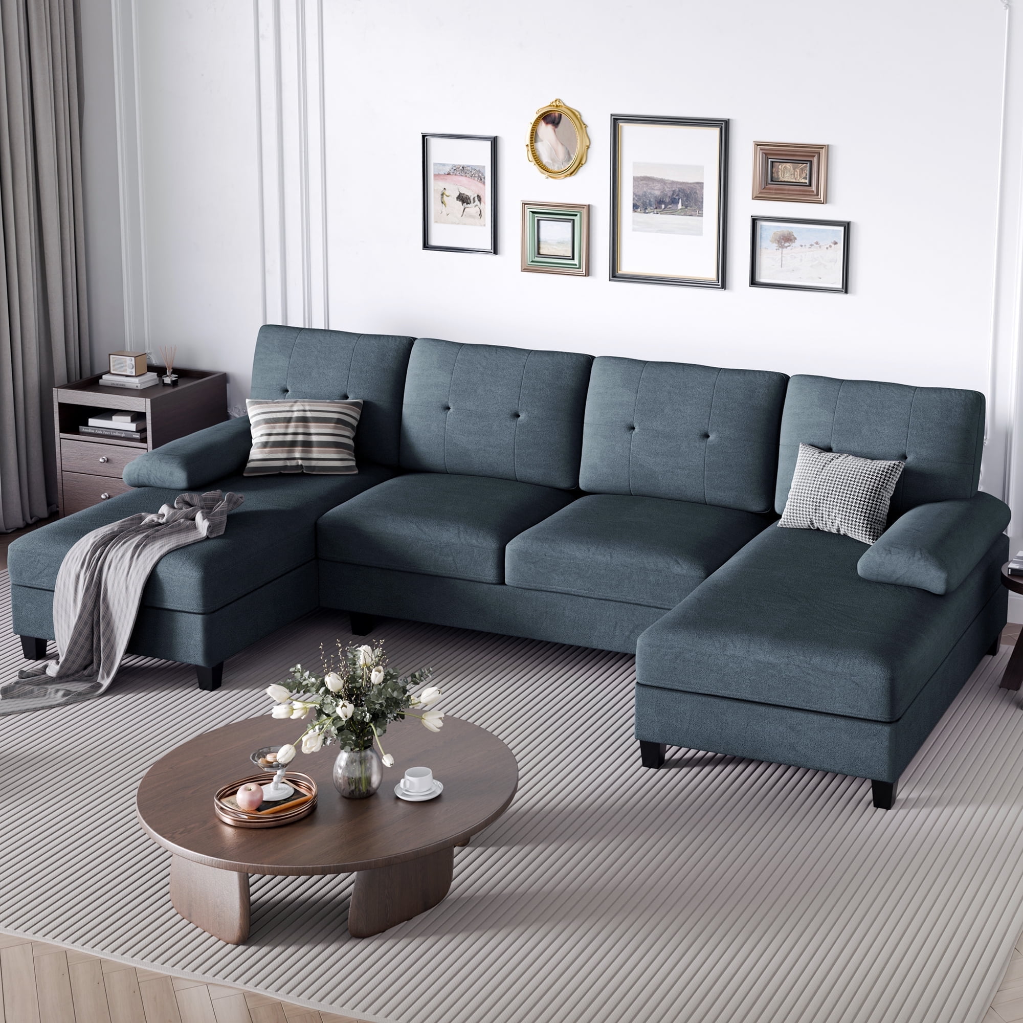 Walsunny U-Shaped Sectional Sofa Couch, 4 Seat U Shaped Oversized Clearance Sofa Set with Double Chaise for Living Room, Dark Gray