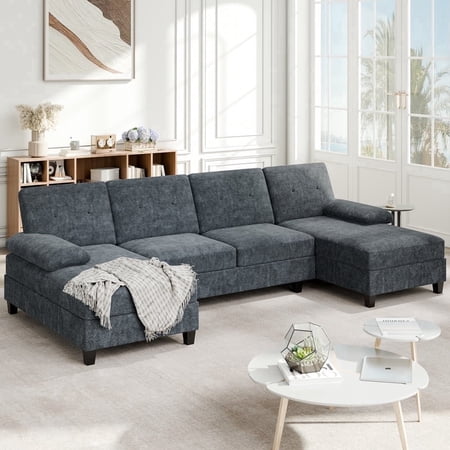 Walsunny U-Shaped Sectional Sofa Couch, 4 Seat U Shaped Oversized Clearance Sofa Set with Double Chaise for Living Room, Dark Gray