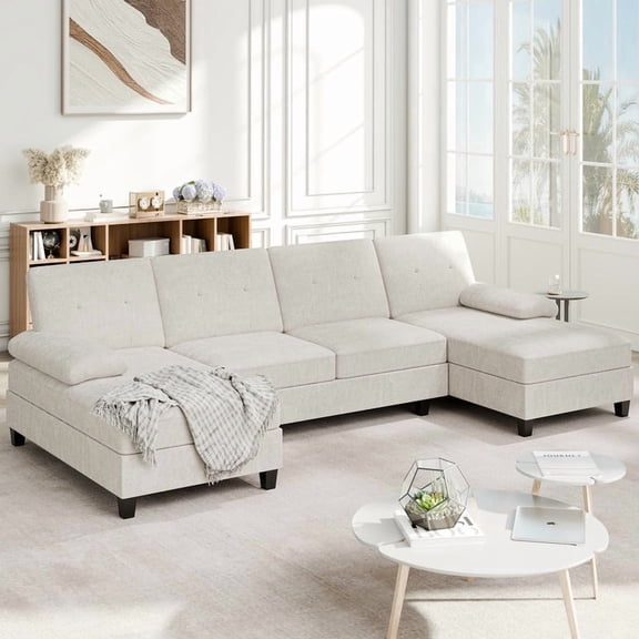 Walsunny U-Shaped Sectional Sofa Couch, 4 Seat U Shaped Oversized Clearance Sofa Set with Double Chaise for Living Room, White