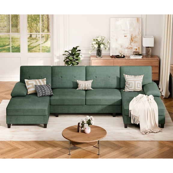 Walsunny Sectional Sofa Couches for Living Room Clearance Set, U Shaped Couch 4 Seat Sofa Set with Double Chaise, Green