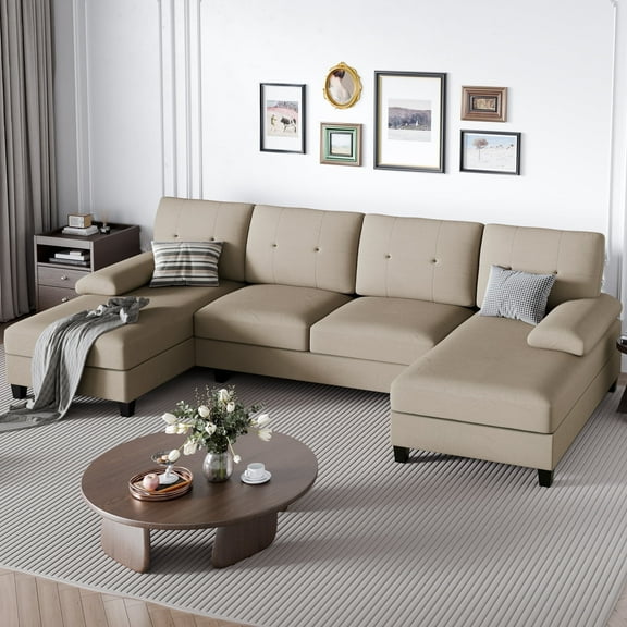 Walsunny Sectional Sofa Couches for Living Room Clearance Set, U Shaped Couch 4 Seat Sofa Set with Double Chaise, Khaki