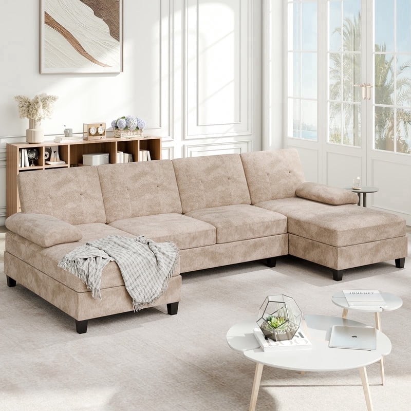 Walsunny U-Shaped Sectional Sofa Couch, 4 Seat U Shaped Oversized Clearance Sofa Set with Double Chaise for Living Room, Khaki