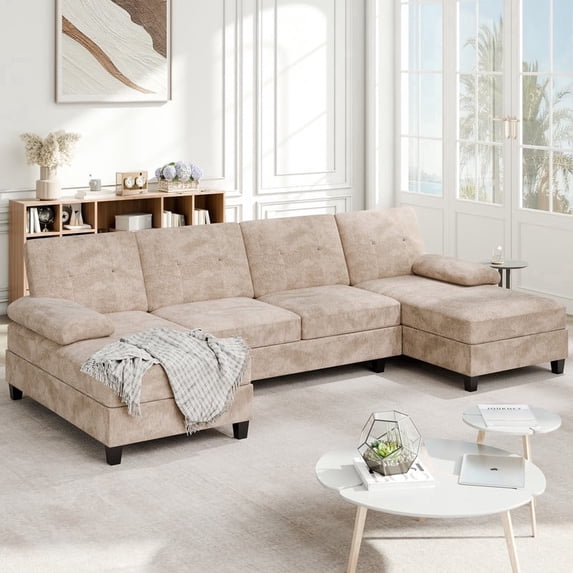 Walsunny U-Shaped Sectional Sofa Couch, 4 Seat U Shaped Oversized Clearance Sofa Set with Double Chaise for Living Room, Khaki