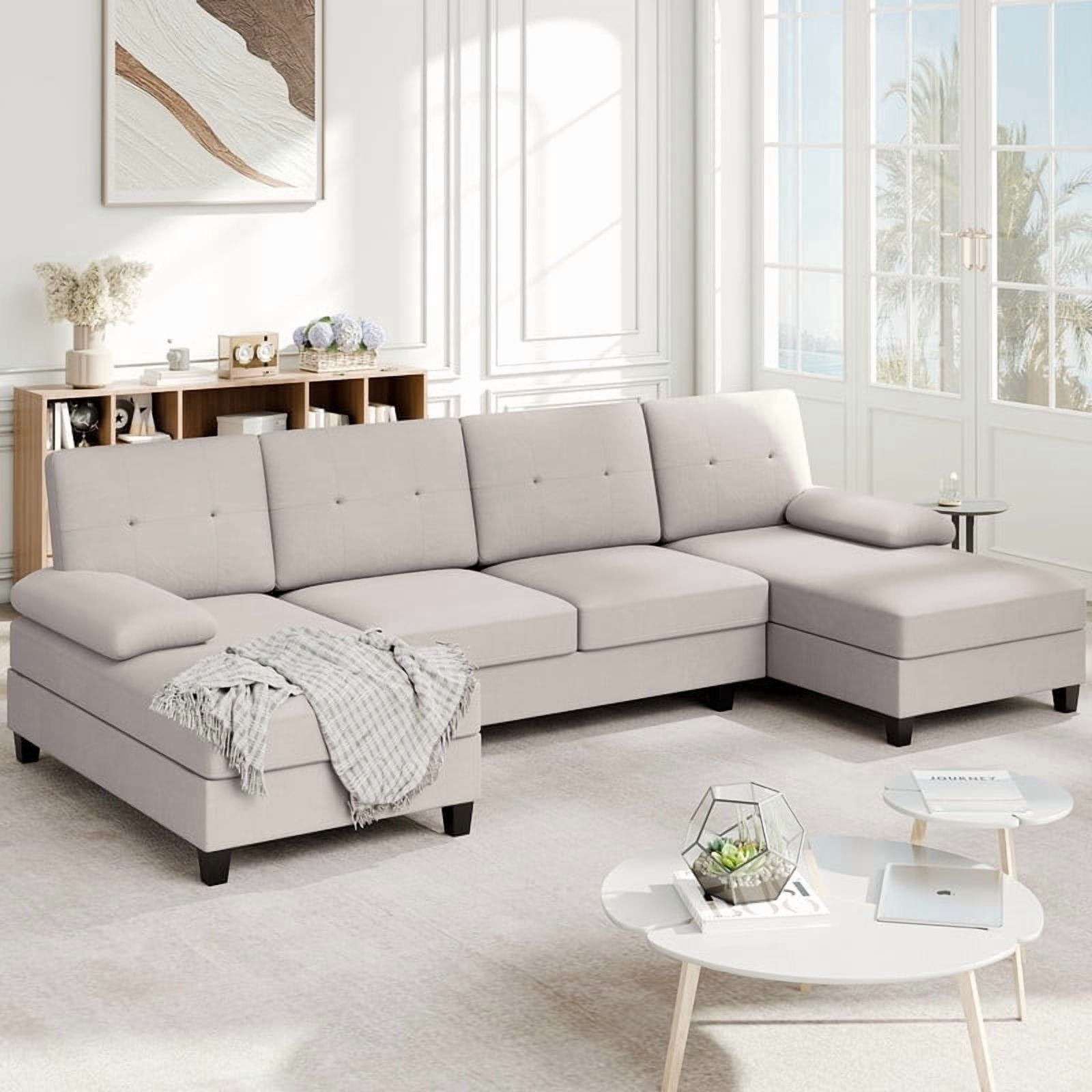 Walsunny U-Shaped Sectional Sofa Couch, 4 Seat U Shaped Oversized Clearance Sofa Set with Double Chaise for Living Room, Beige