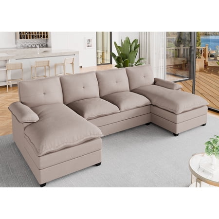 Walsunny Sectional Sofa Set, 110" U-Shaped Polyester Couch, 4 Seat Lounge Sleeper with Double Chaise for Living Room Khaki