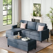 Walsunny Sectional Sofa bed Linen Couch L Shaped 4 Seat with Storage Ottoman Dark Gray