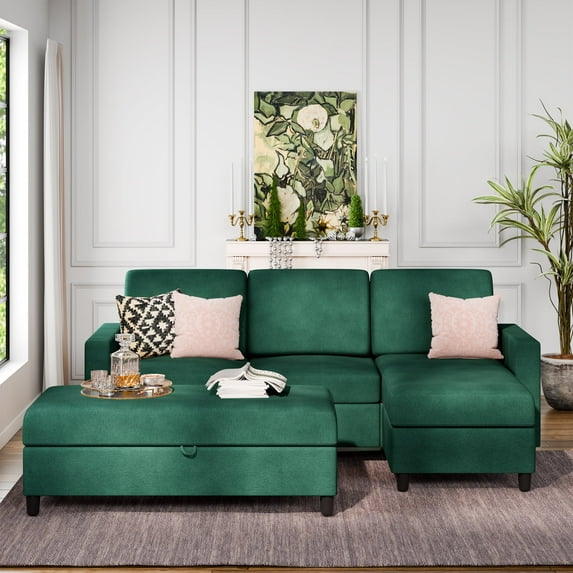 Walsunny Sectional Sofa bed Linen Couch L Shaped 4 Seat with Storage Ottoman Green