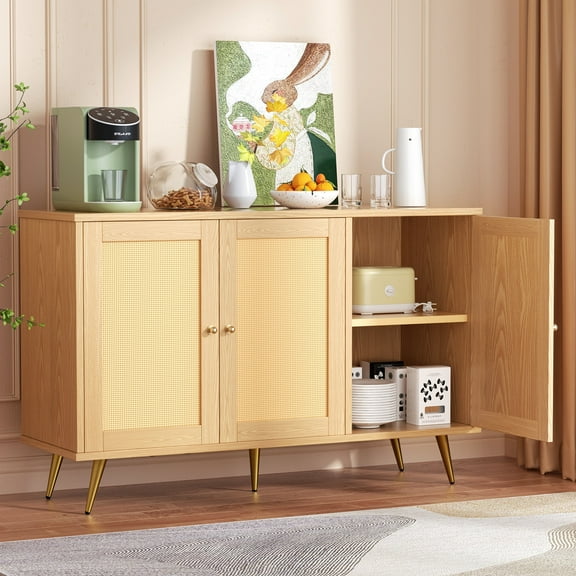 Walsunny Sideboard Buffet Storage Cabinet Set of 2,Kitchen Storage Cabinet with 3 Rattan Decorated Doors, Accent Cabinet Sideboard Cabinet for Dining Room, Living Room, Entryway, Hallway, Natural