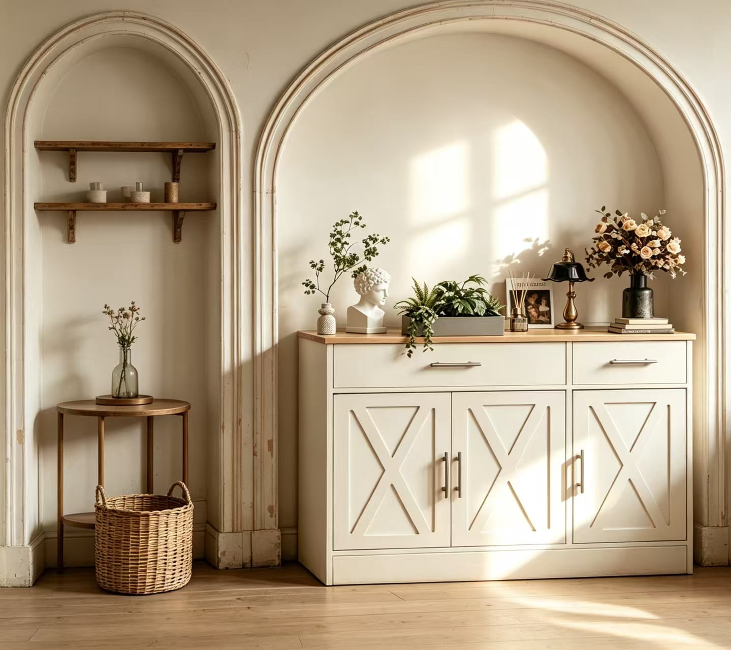 Walsunny Sideboards Buffets Cabinet Table 42.5" with 2 Drawers 3 Doors Adjustable Shelf Farmhouse Coffee Bar Cabinet with Storage for Kitchen Living Room Dining Room White