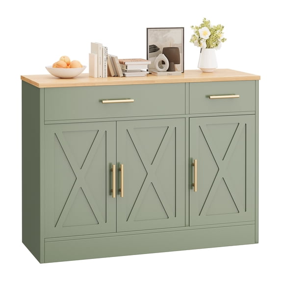 Walsunny Sideboards Buffets Cabinet Table 42.5" with 2 Drawers 3 Doors Adjustable Shelf Farmhouse Coffee Bar Cabinet with Storage for Kitchen Living Room Dining Room Green