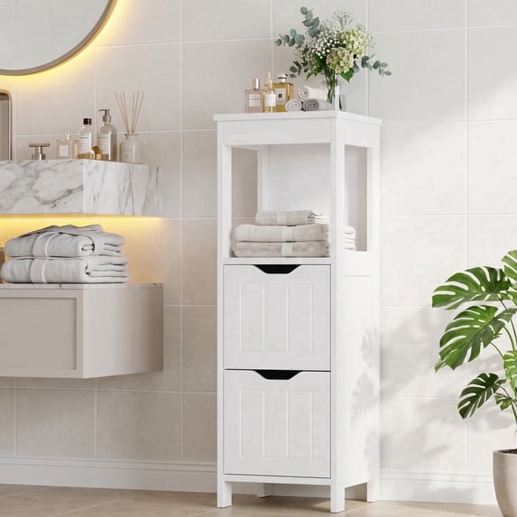 Walsunny Bathroom Storage Cabinets Floor Cabinet Organizer Freestanding Narrow Cabinet with Drawer Open Shelf for Bathroom Laundry White