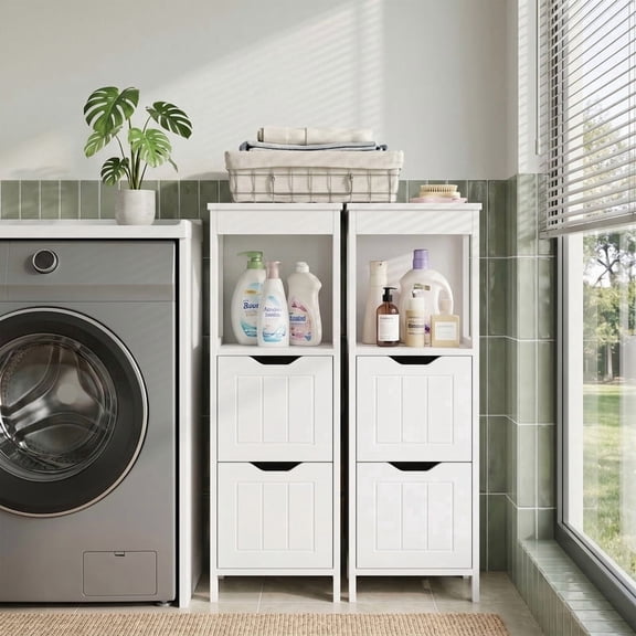 Walsunny 2PCS Bathroom Storage Cabinets Floor Cabinet Organizer Freestanding Narrow Cabinet with Drawer Open Shelf for Bathroom Laundry White
