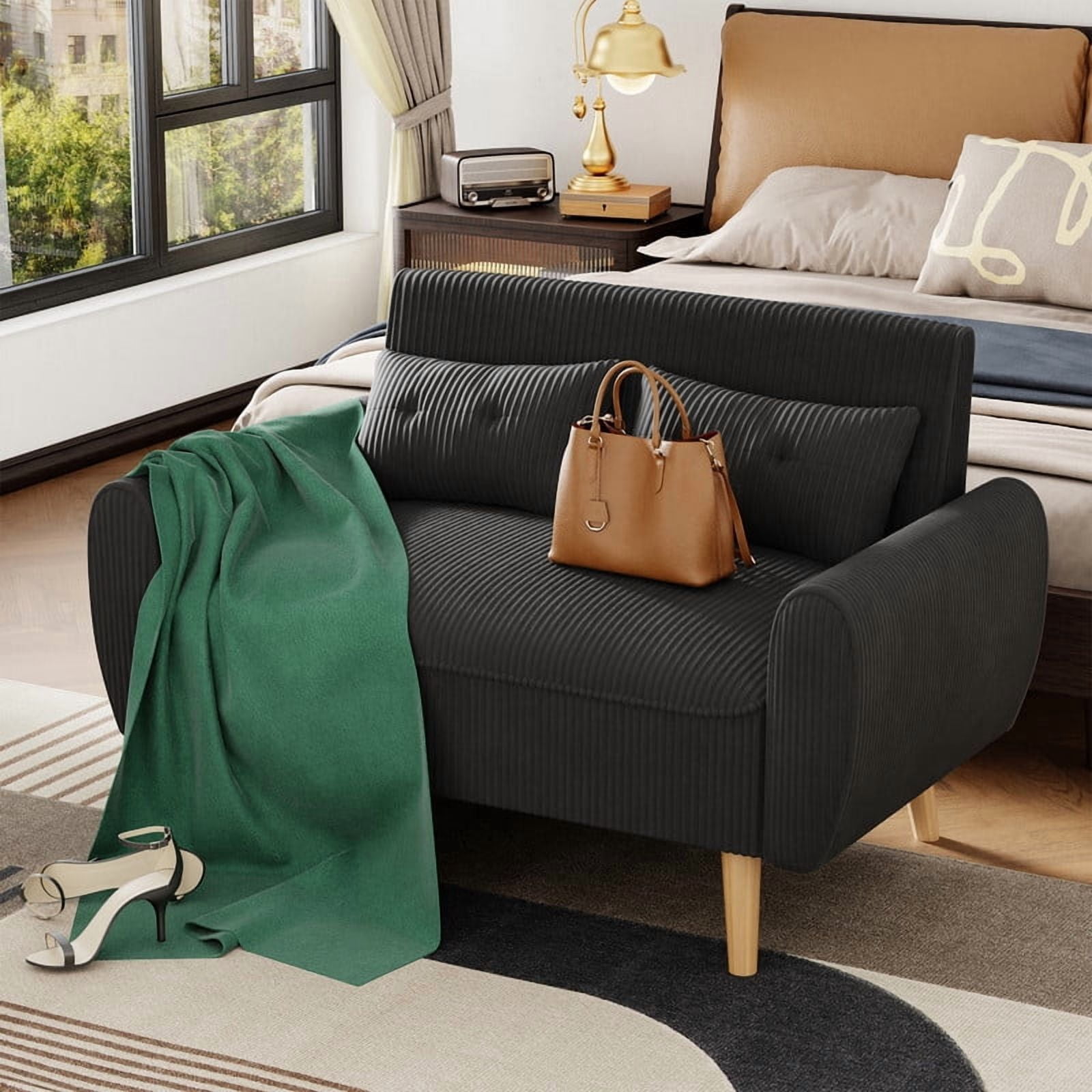 Walsunny Small Modern Loveseat Sofa, Upholstered Fabric Love Seat with Linen Cushions, Compact and Stylish for Small Spaces, Living Room, Bedroom, Office，Black