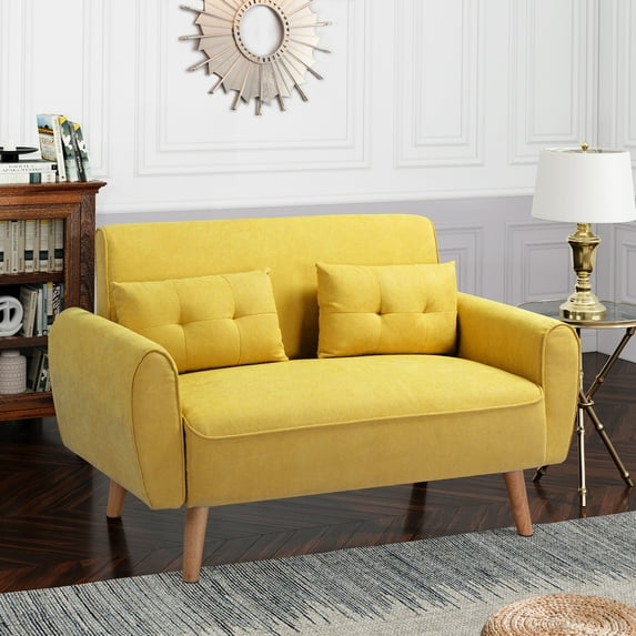 Walsunny Small Modern Loveseat Sofa, Upholstered Fabric Love Seat with Linen Cushions, Compact and Stylish for Small Spaces, Living Room, Bedroom, Office,Yellow