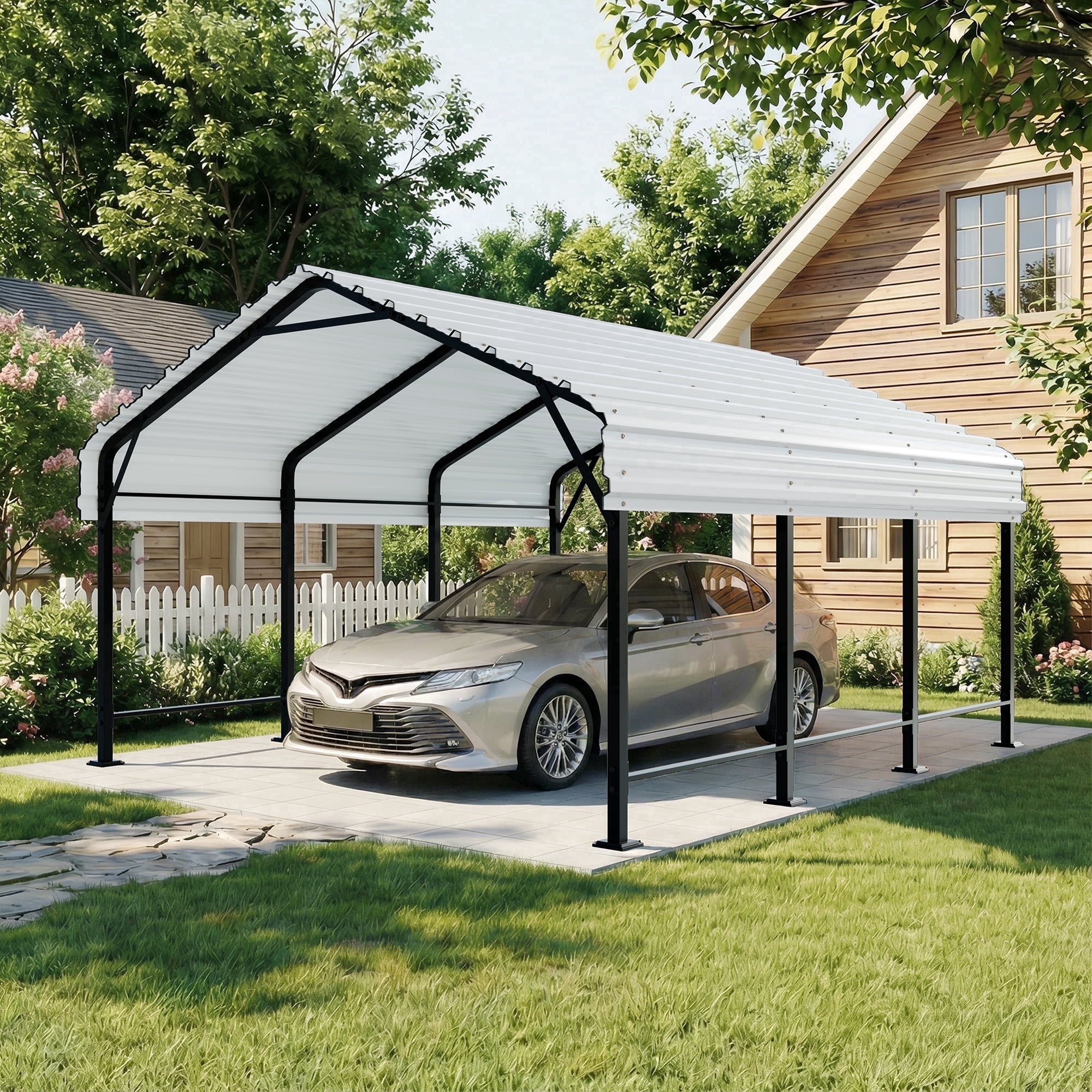 Walsunny 12X15ft Steel Carport, Outdoor Heavy Duty Carport Canopy with Galvanized Steel Roof, Metal Carport Extra Large Garage Car Storage Shelter, White