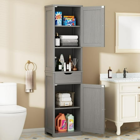 Walsunny Tall Bathroom Storage Cabinet with Freestanding Adjustable Shelves, Narrow Storage Linen Cabinet with 2 Doors and 1 Drawers for Bathroom, Living Room, Kitchen, Gray