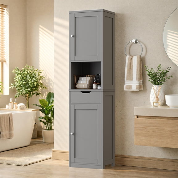 Walsunny Bathroom Storage Cabinet 64" Tall Narrow Wooden Bath Cabinet with Doors Shelves Drawer Gray