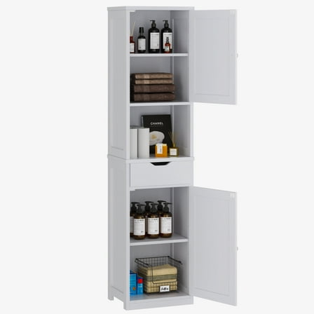 Walsunny Bathroom Storage Cabinet 64" Tall Wooden Kitchen Cupboard Pantry Cabinet with Doors Shelves Drawer White