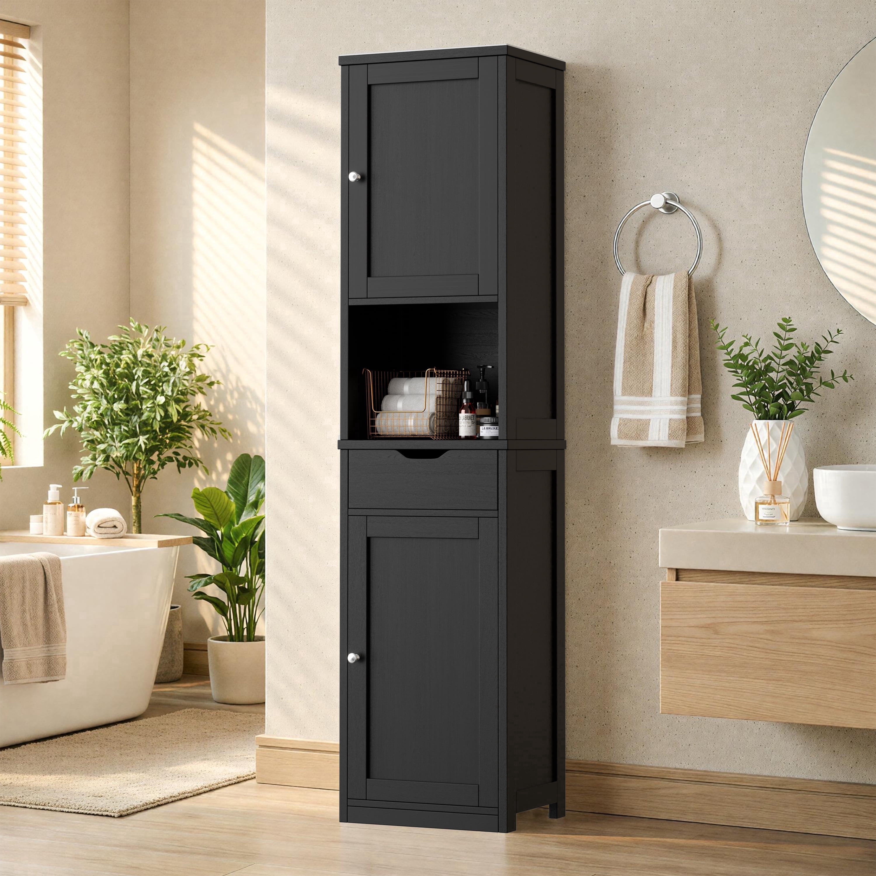 Walsunny Bathroom Storage Cabinet 64" Tall Narrow Wooden Bath Cabinet with Doors Shelves Drawer Black