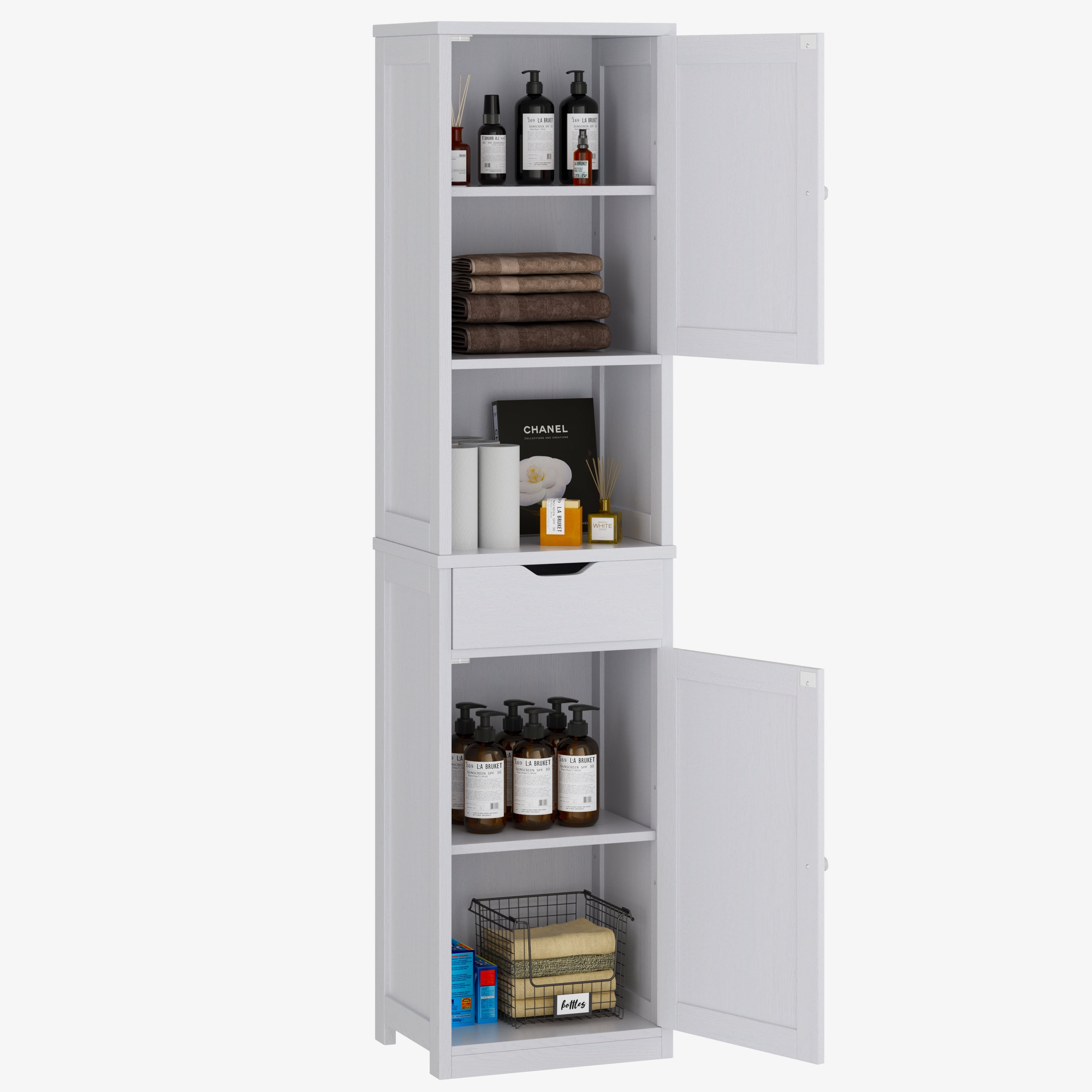 Walsunny Tall Kitchen Storage Pantry Cabinet 64H Freestanding Bathroom Storage Cabinet Narrow Cabinet with Adjustable Shelves Open compartments for