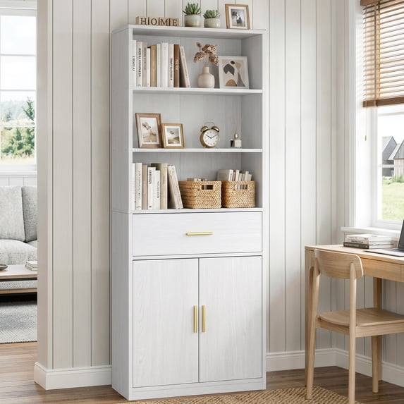 Walsunny Bookshelf with Doors and Drawer, 71" Tall Storage Bookcase with 3 Open Shelves for Living Room Home Office, White