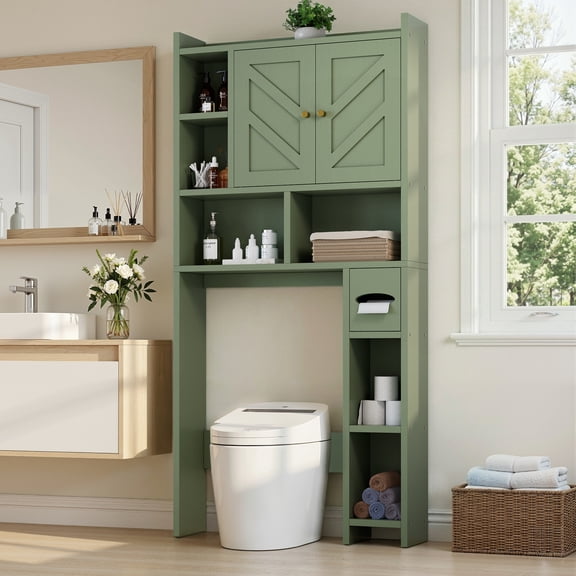 Walsunny Over the Toilet Storage Cabinets with Doors Side Shelves Toilet Paper Holder Stand Organizer Shelf Rack Space Saver above behind Toilet Freestanding for Bathroom Restroom Laundry Green
