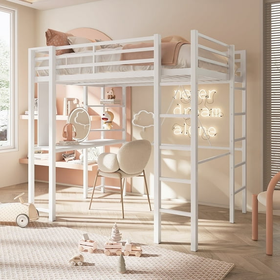 Walsunny Loft Bed Twin Metal Bunk Bed with Desk Guardrail Secured Ladder for Adults Girls Boys Bedroom Loft Dormitory,White