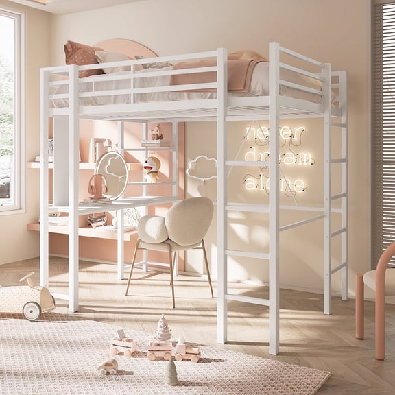 Walsunny Loft Bed Twin Metal Bunk Bed with Desk Guardrail Secured Ladder for Adults Girls Boys Bedroom Loft Dormitory,White