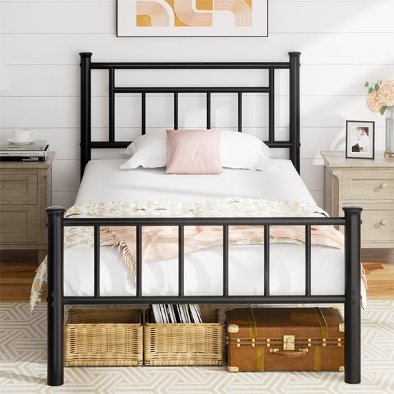 Walsunny Twin Size Metal Platform Bed Frame with Headboard and Footboard, No Box Spring Needed, Easy Assembly Anti-Slip Support