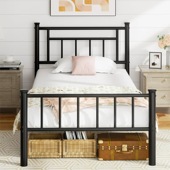 Walsunny Twin Size Metal Platform Bed Frame with Headboard and Footboard, No Box Spring Needed, Easy Assembly Anti-Slip Support