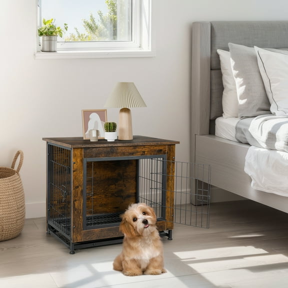 Walsunny Wooden Dog Crate Furniture,Double-Doors Kennel Indoor with Divider and Removable Tray,End Table Dog Crate for Decoration 27.2"L x 20.1"W x 23.6"H,Brwon