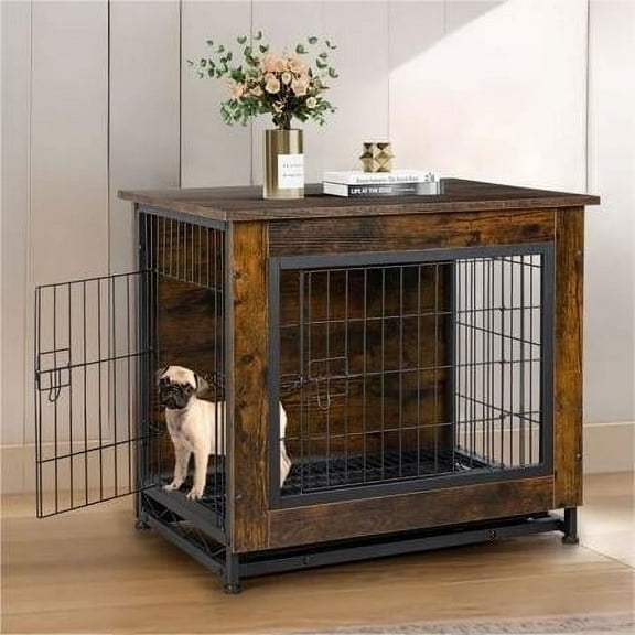 Walsunny Wooden Dog Crate Furniture,Double-Doors Kennel Indoor with Divider and Removable Tray,End Table Dog Crate for Decoration 32.5"L x 22.0"W x 25.0"H，Brown