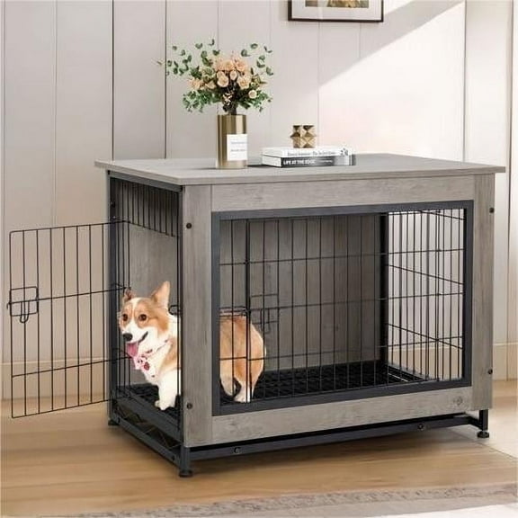 Walsunny Wooden Dog Crate Furniture,Double-Doors Kennel Indoor with Divider and Removable Tray,End Table Dog Crate for Decoration 32.5"L x 22.0"W x 25.0"H，Grey