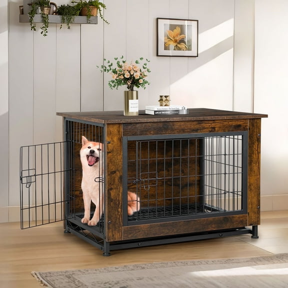 Walsunny Wooden Dog Crate Furniture,Double-Doors Kennel Indoor with Divider and Removable Tray,End Table Dog Crate for Decoration 38.6"L x 25.6"W x 26.8"H,Brown