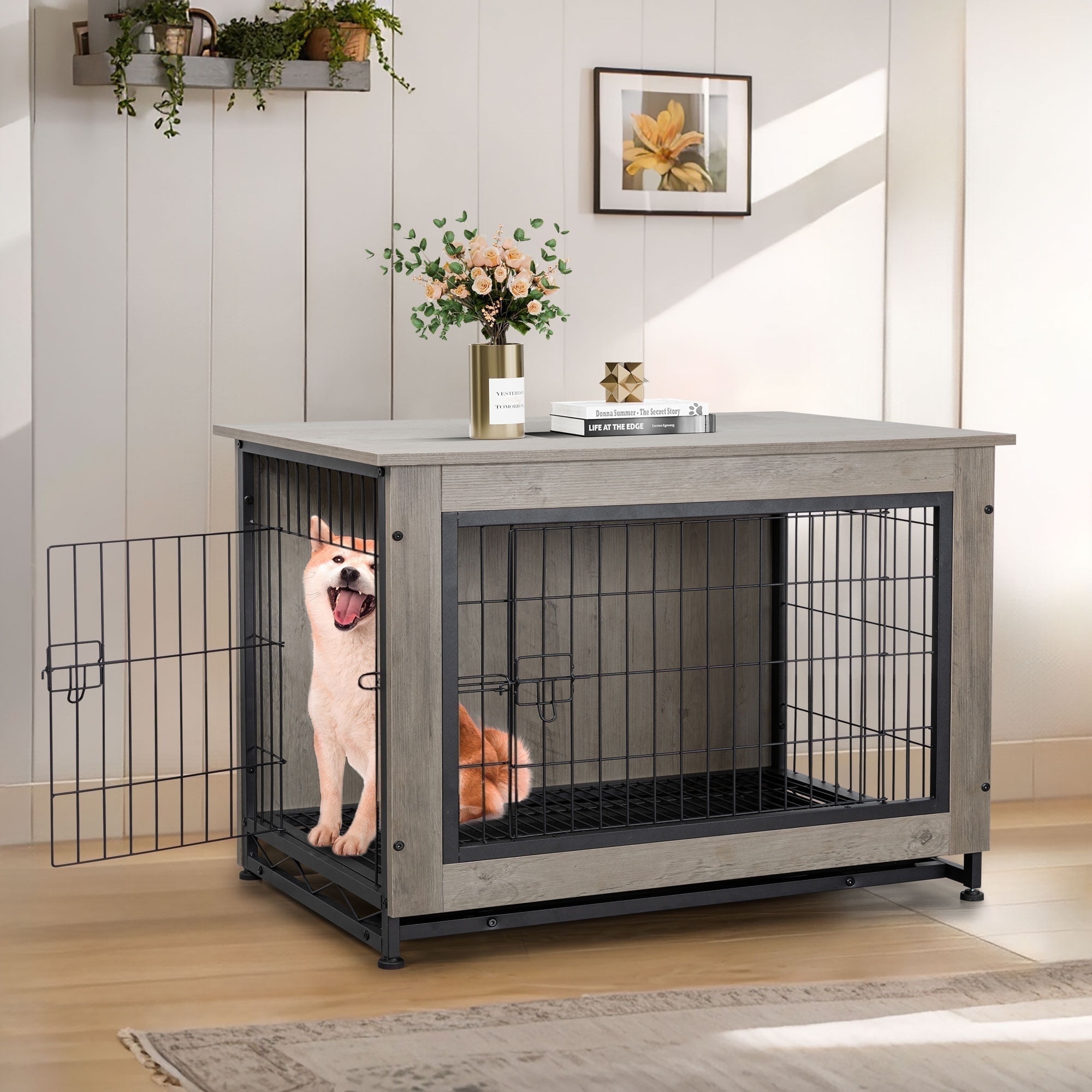 Walsunny Wooden Dog Crate Furniture,Double-Doors Kennel Indoor with Divider and Removable Tray,End Table Dog Crate for Decoration 38.6"L x 25.6"W x 26.8"H，Grey