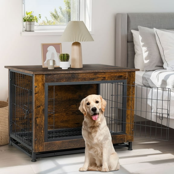 Walsunny Wooden Dog Crate Furniture,Double-Doors Kennel Indoor with Divider and Removable Tray,End Table Dog Crate for Decoration 44.1"L x 29.5"W x 32.3"H，Brown