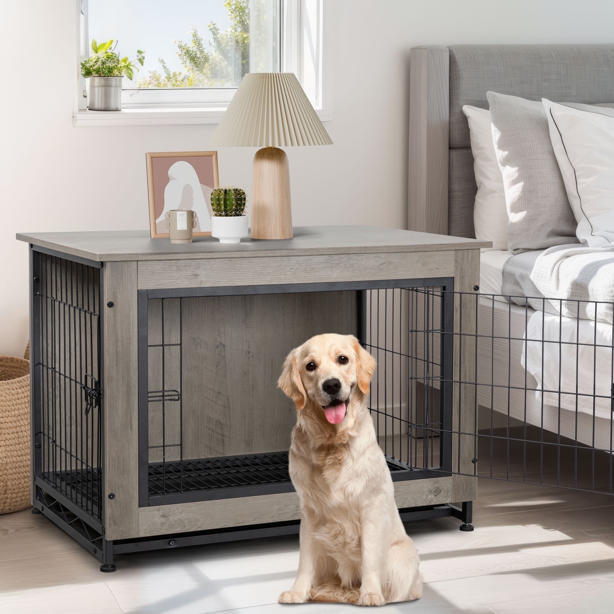 Walsunny Wooden Dog Crate Furniture,Double-Doors Kennel Indoor with Divider and Removable Tray,End Table Dog Crate for Decoration 44.1"L x 29.5"W x 32.3"H，Grey