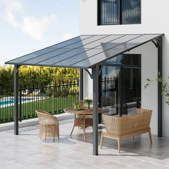 Walsunny Gazebos Hardtop 10' x 10' Outdoor Aluminum Pergola Heavy Duty Wall-Mounted Awnings with Sloped Roof for Patio,Deck, Backyard,Garden