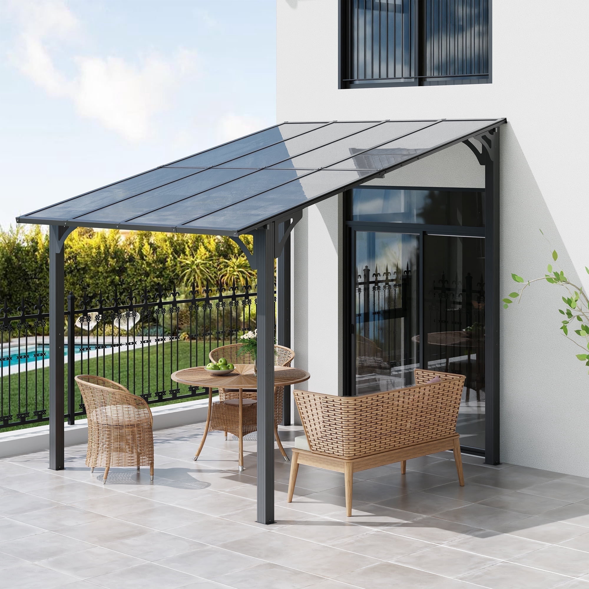 Walsunny Gazebos Hardtop 8' x 10' Outdoor Aluminum Pergola Heavy Duty Wall-Mounted Awnings with Sloped Roof for Patio,Deck, Backyard,Garden