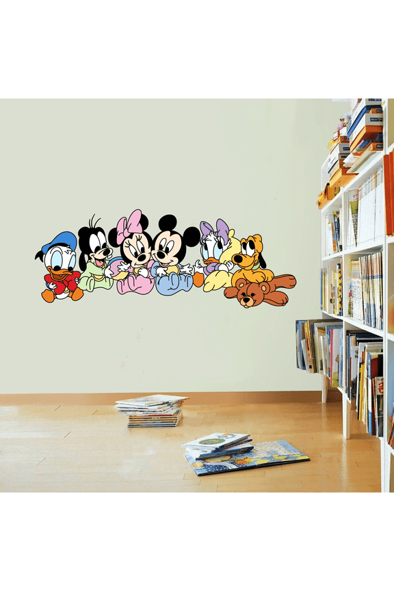 Walt Diney Characters Group Photo Mural Art Vinyl Wall Decal | 8" x 20" Removable Mickey Minnie Donald Daisy Goofy And Pluto Cartoon Characters Kids Bedroom Nursery Sticker Decoration