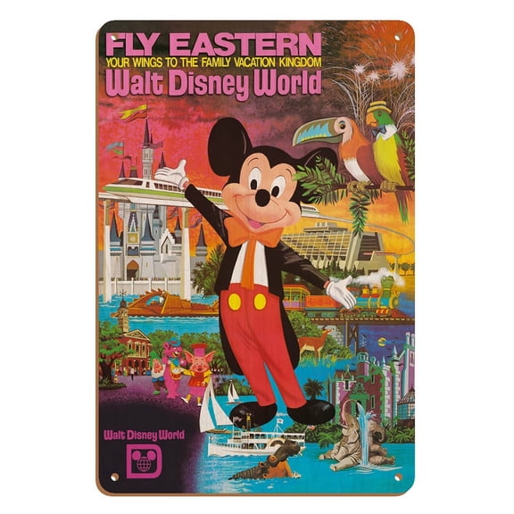 Walt Disney World - Fly Eastern Air Lines - Orlando Florida - Vintage Airline Travel Poster c.1980 - 8 x 12 inch Vintage Wood Art Sign