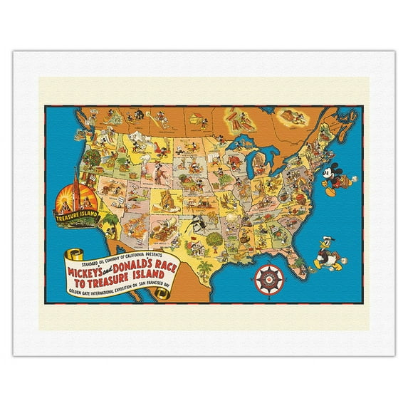 Walt Disney’s Mickey and Donald's Race to Treasure Island - Vintage Pictorial Map c.1939 - Fine Art Rolled Canvas Print 20in x 26in