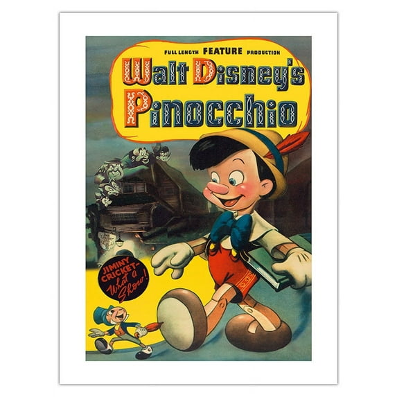Walt Disney’s Pinocchio - with Jiminy Cricket - Vintage Film Movie Poster c.1940 - Fine Art Matte Paper Print (Unframed) 18x24in