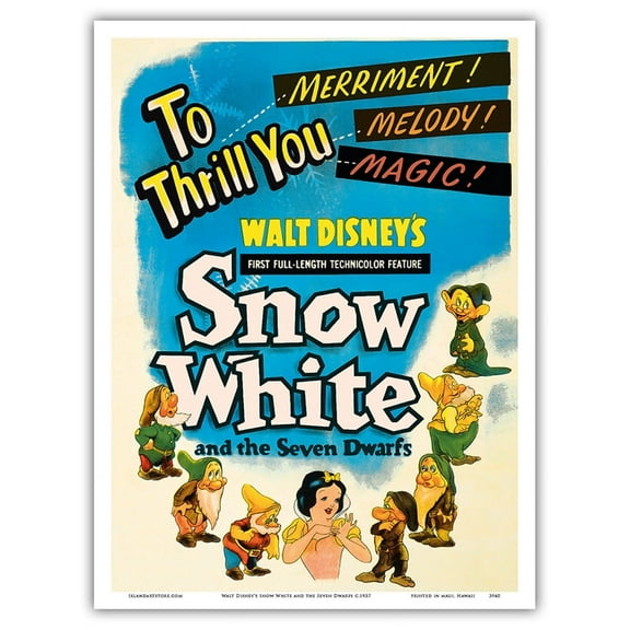 Walt Disney’s Snow White and the Seven Dwarfs - To Thrill You Merriment! Melody! Magic! - Vintage Film Movie Poster c.1937 - Master Art Print (Unframed) 9in x 12in
