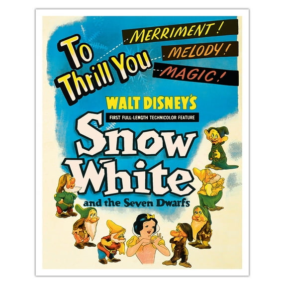 Walt Disney’s Snow White and the Seven Dwarfs - To Thrill You Merriment! Melody! Magic! - Vintage Film Movie Poster c.1937 - Fine Art Matte Paper Print (Unframed) 16x20in