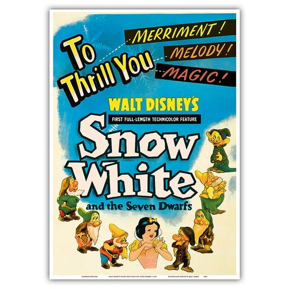 Walt Disney’s Snow White and the Seven Dwarfs - To Thrill You Merriment! Melody! Magic! - Vintage Film Movie Poster c.1937 - Master Art Print 10in x 14in