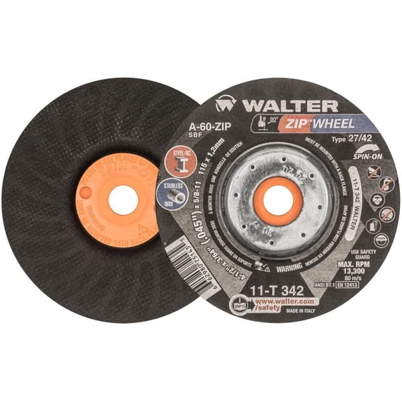 Walter Cut-Off Wheel, 4-1/2 X 3/64 X 5/8-11 Inch Zip Wheel Spin-On, Type 27/42
